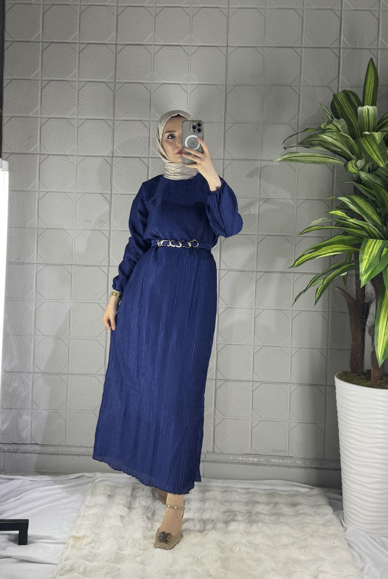 ELVA Model Kemerli Simli Elbise - Mavi