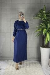 ELVA Model Kemerli Simli Elbise - Mavi