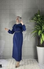 ELVA Model Kemerli Simli Elbise - Mavi