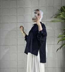 Saten Taşlı Model Gömlek - Siyah