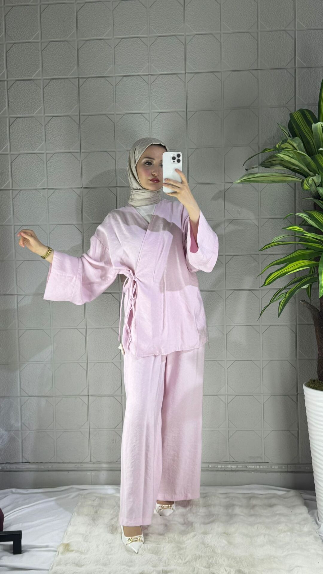 Bağlamalı Model Pantolonlu Takım - Pembe