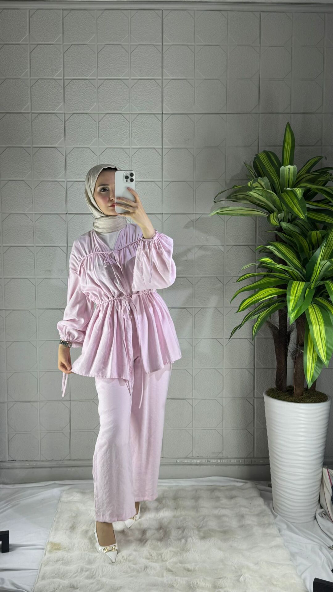 Büzgülü Model Pantolonlu Takım - Pembe