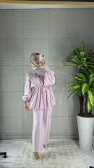 Büzgülü Model Pantolonlu Takım - Pembe