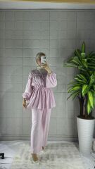 Büzgülü Model Pantolonlu Takım - Pembe