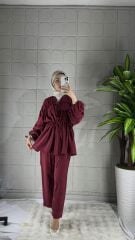 Büzgülü Model Pantolonlu Takım - Bordo