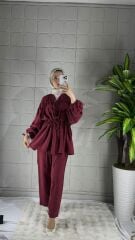 Büzgülü Model Pantolonlu Takım - Bordo