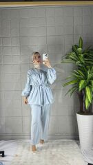 Büzgülü Model Pantolonlu Takım - Mavi