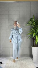 Büzgülü Model Pantolonlu Takım - Mavi