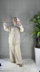 Saçaklı Model Pantolonlu Takım - Bej