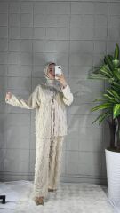 Saçaklı Model Pantolonlu Takım - Bej