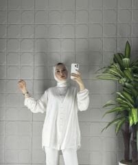 Biritli Model Tunik Gömlek - Beyaz