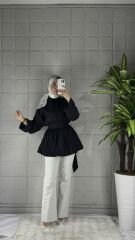 Düğmeli Bağlamalı Model Tunik - Siyah