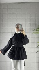 Düğmeli Bağlamalı Model Tunik - Siyah