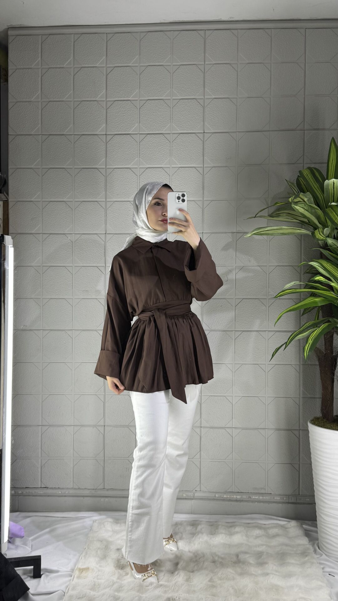 Düğmeli Bağlamalı Model Tunik - Kahverengi