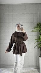 Düğmeli Bağlamalı Model Tunik - Kahverengi