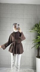 Düğmeli Bağlamalı Model Tunik - Kahverengi