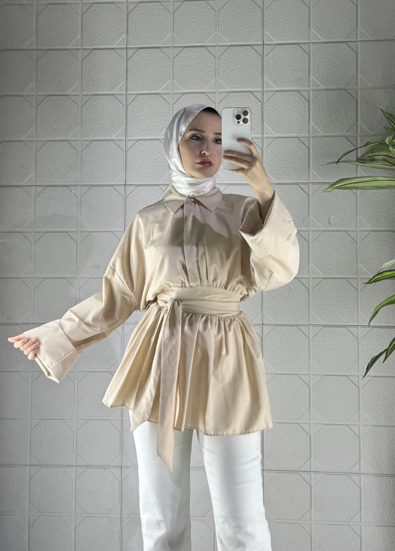 Düğmeli Bağlamalı Model Tunik - Krem