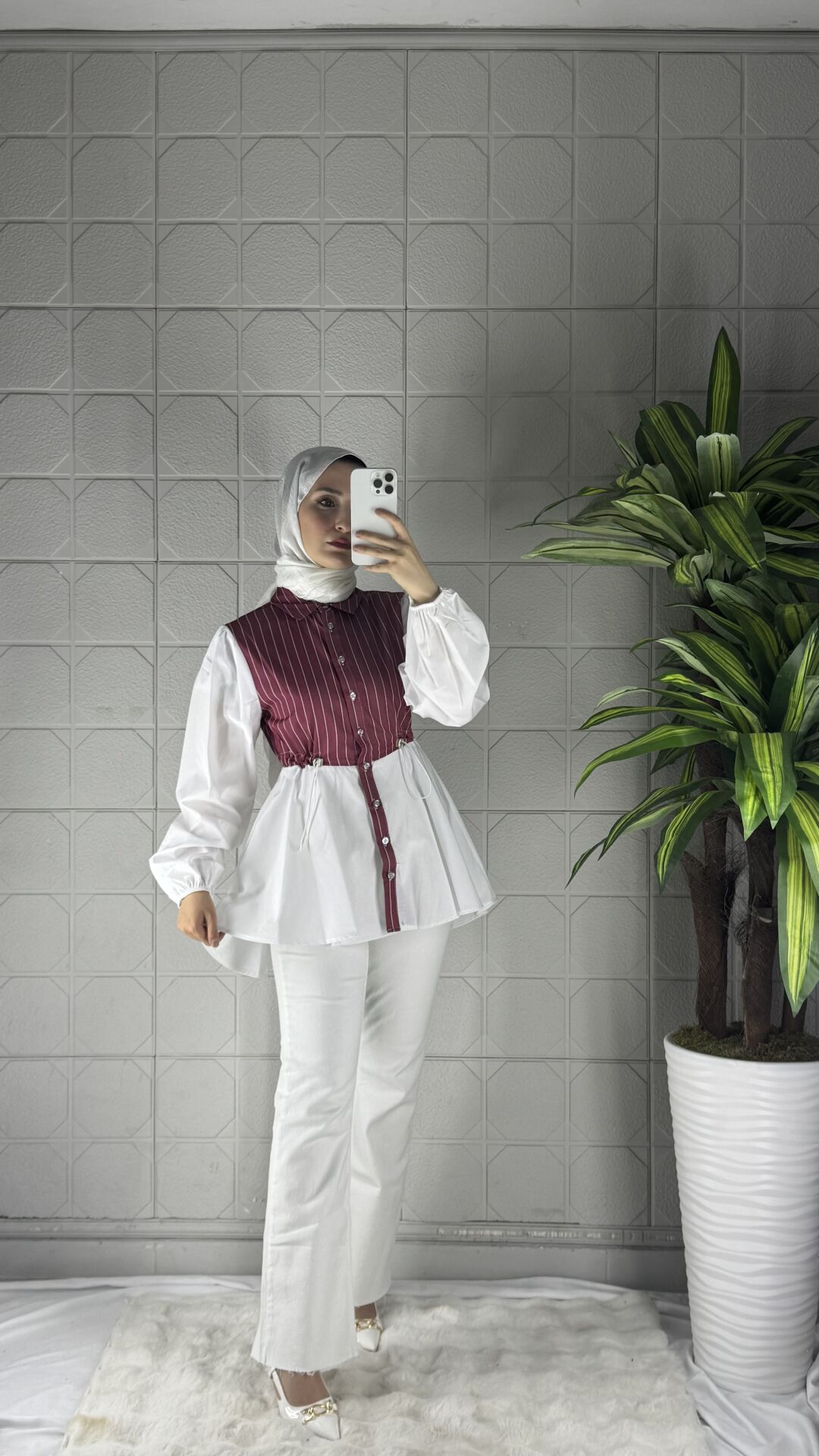 Önü Kısa Çizgili Tunik - Bordo