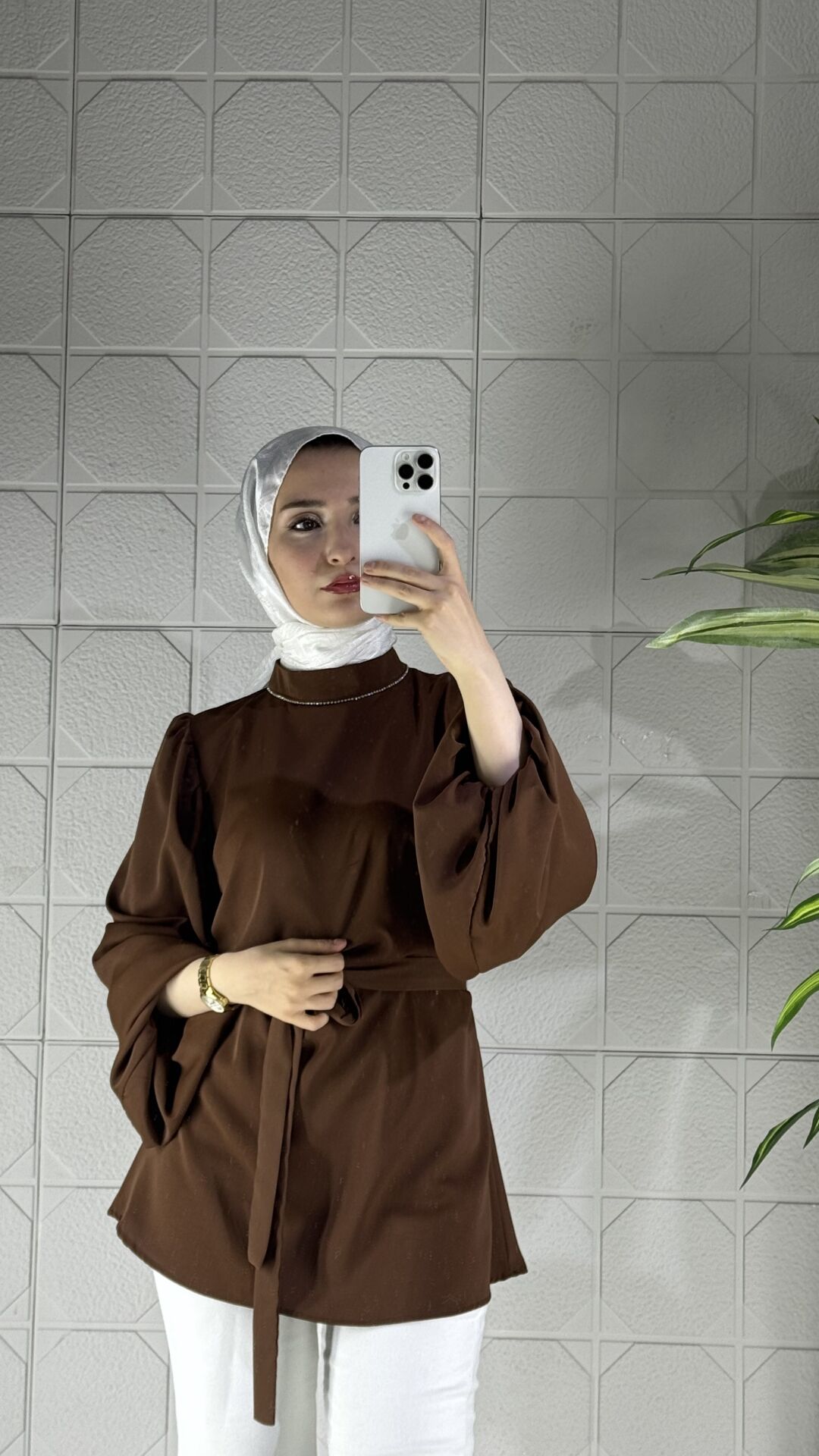 Şifon Taşlı Model Tunik - Kahverengi