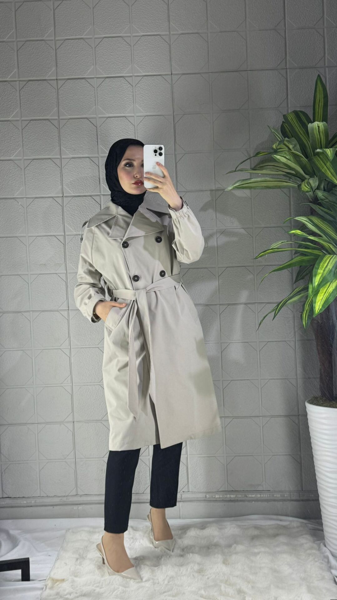 Düğmeli Trenç Model - Krem
